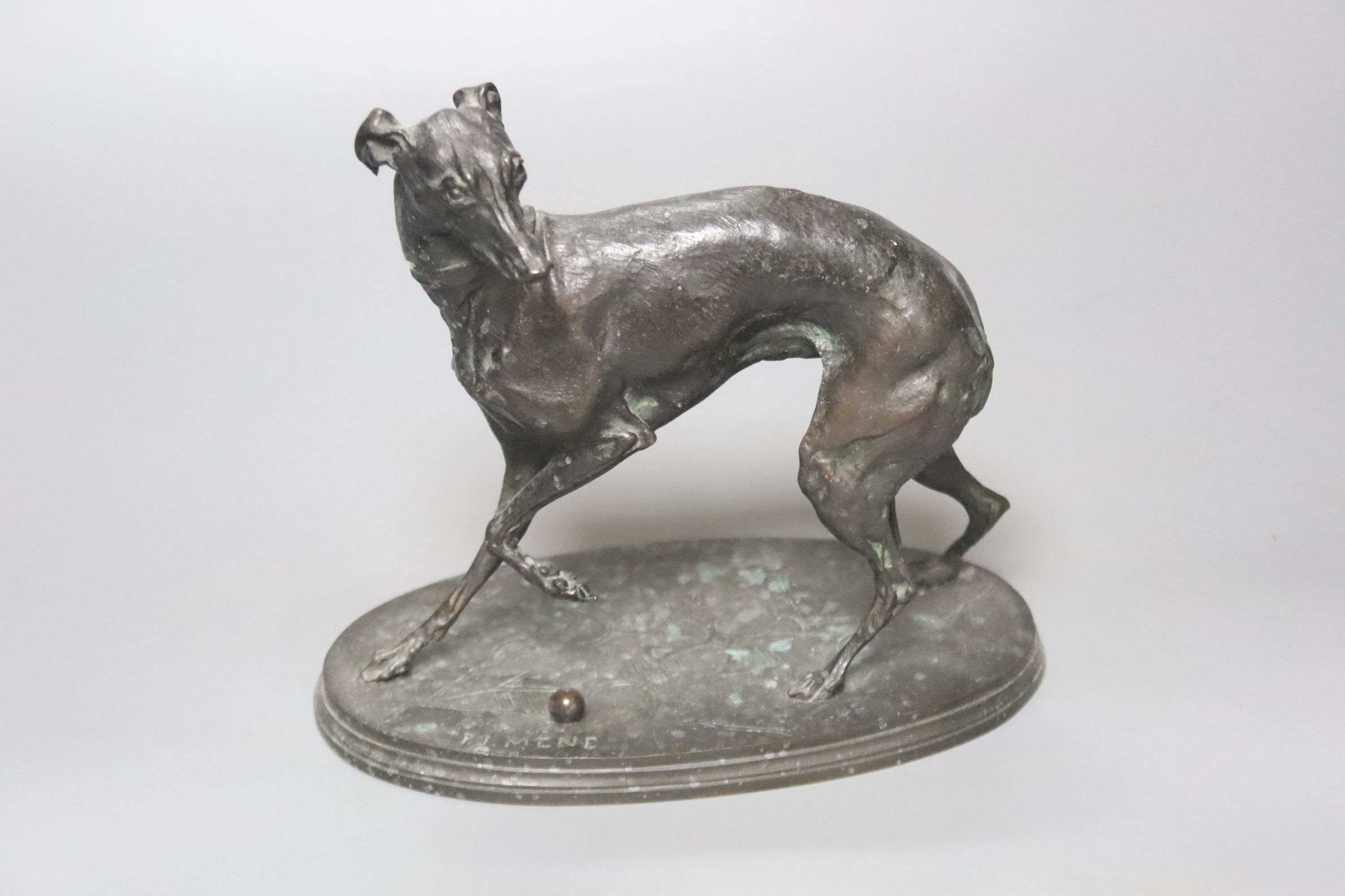 After Pierre-Jules Mene, A bronze study of a whippet, signed to underside, 17cm wide, 15cm high